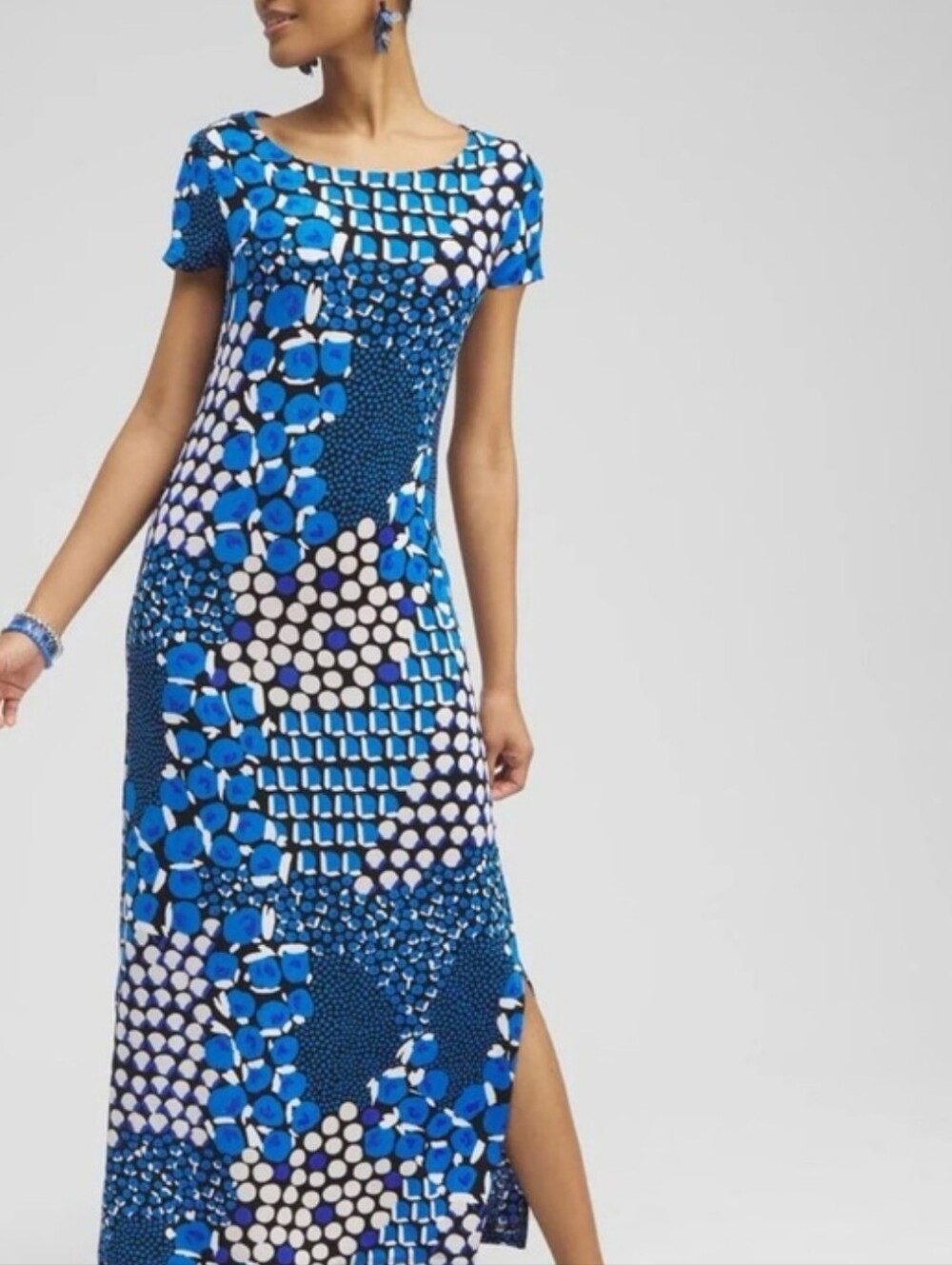Chico's Travelers Classic Dots Blue Black White Geometric Side Slit Maxi Dress